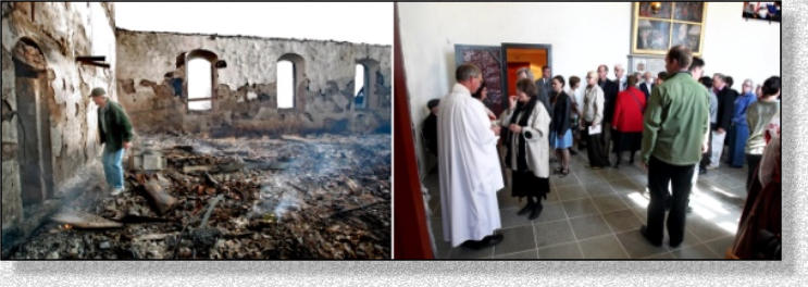 Till v�nster: Kyrkv�rden Arne Ekholm g�r bland resterna dagen efter branden 30/3 2007. Till h�ger mycket folk p� plats vid invigningen.