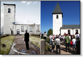 Till v�nster:D�varande biskopen Martin Lind p� brandplatsen den 29/3 2007. Till h�ger samma plats fyra �r senare.